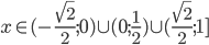 x\in(-\frac{\sqrt2}2;0)\cup(0;\frac12)\cup(\frac{\sqrt2}2;1]