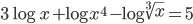 3 \log x + \log x^4-\log \sqrt[3]{x} = 5