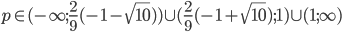 p\in(-\infty;\frac29(-1-\sqrt{10}))\cup(\frac29(-1+\sqrt{10});1)\cup(1;\infty)
